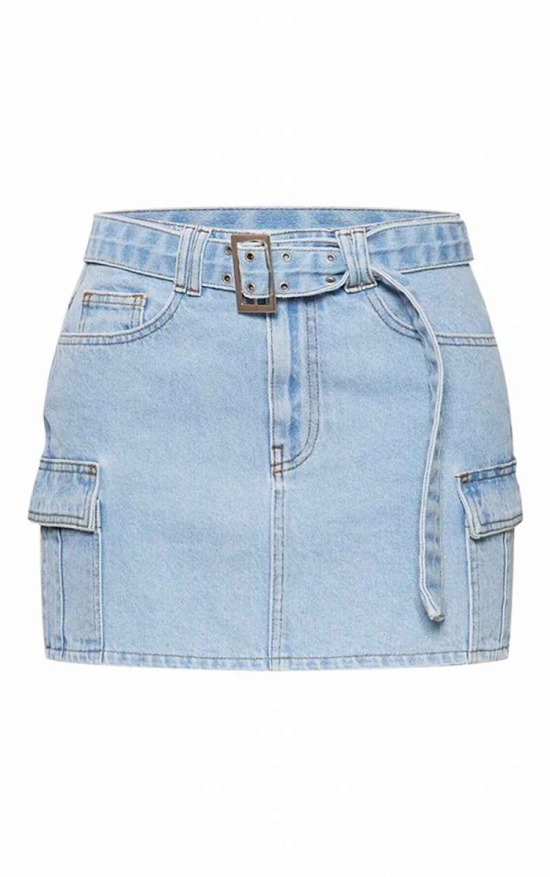 Light Blue / Wash Pretty Little Thing Wash ed Cargo Pocket Skirts | KGWCXTY-04