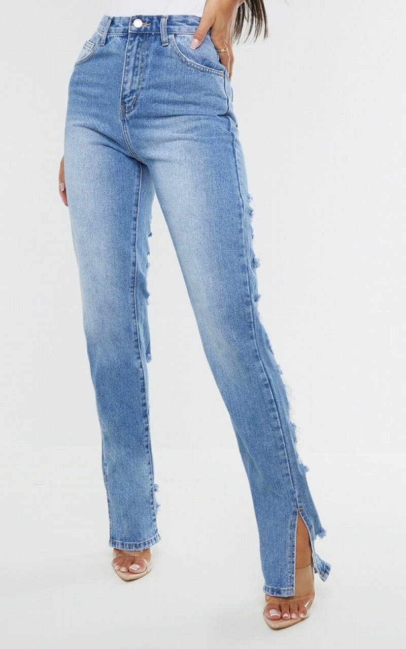 Light Blue / Wash Pretty Little Thing Wash Ripped Back Split Hem Jeans | IGRSJEH-21