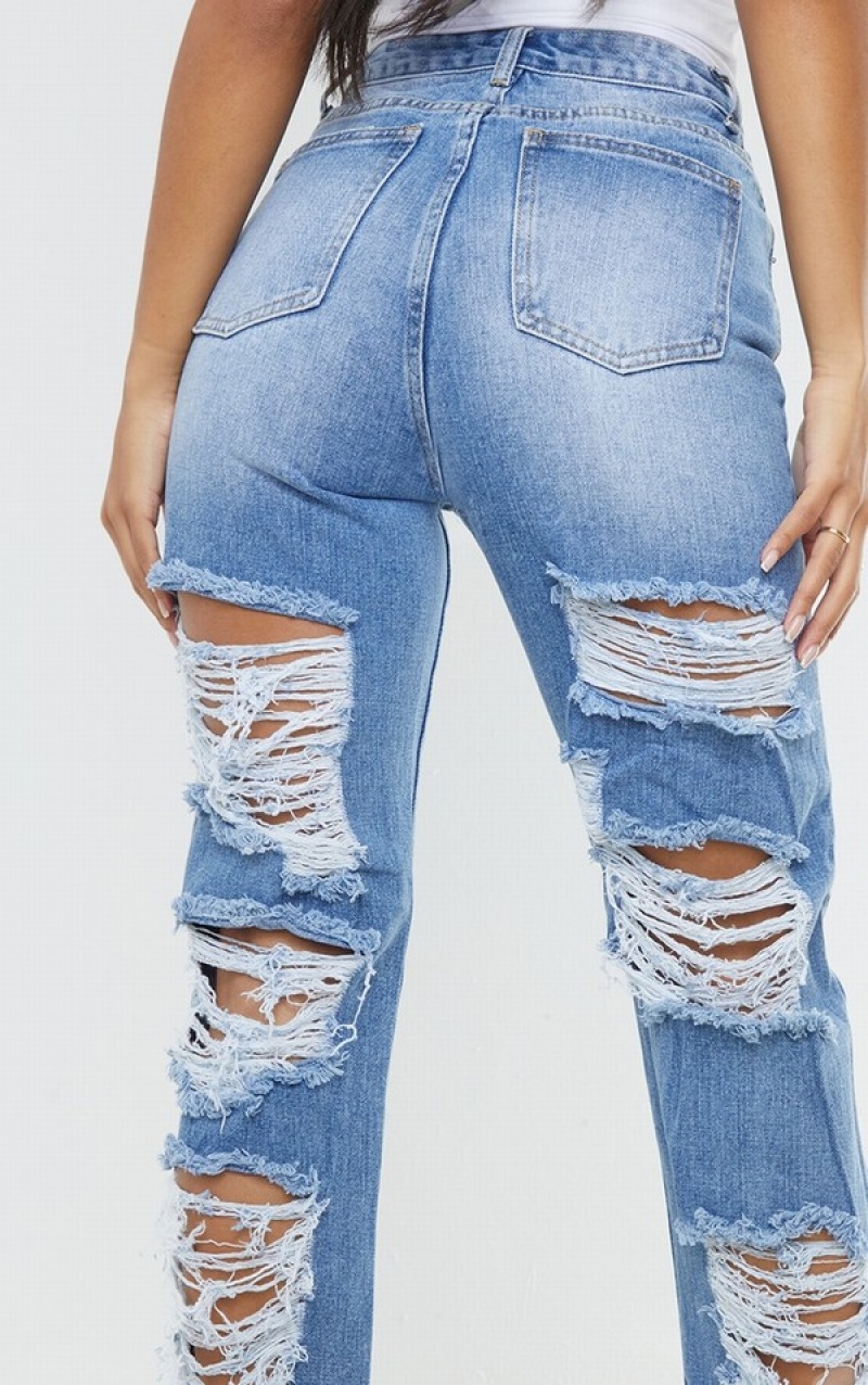 Light Blue / Wash Pretty Little Thing Wash Ripped Back Split Hem Jeans | IGRSJEH-21