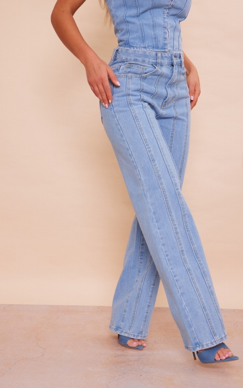 Light Blue / Wash Pretty Little Thing Wash Panelled Seam Detail Straight Leg Jeans | YXMEKQV-23