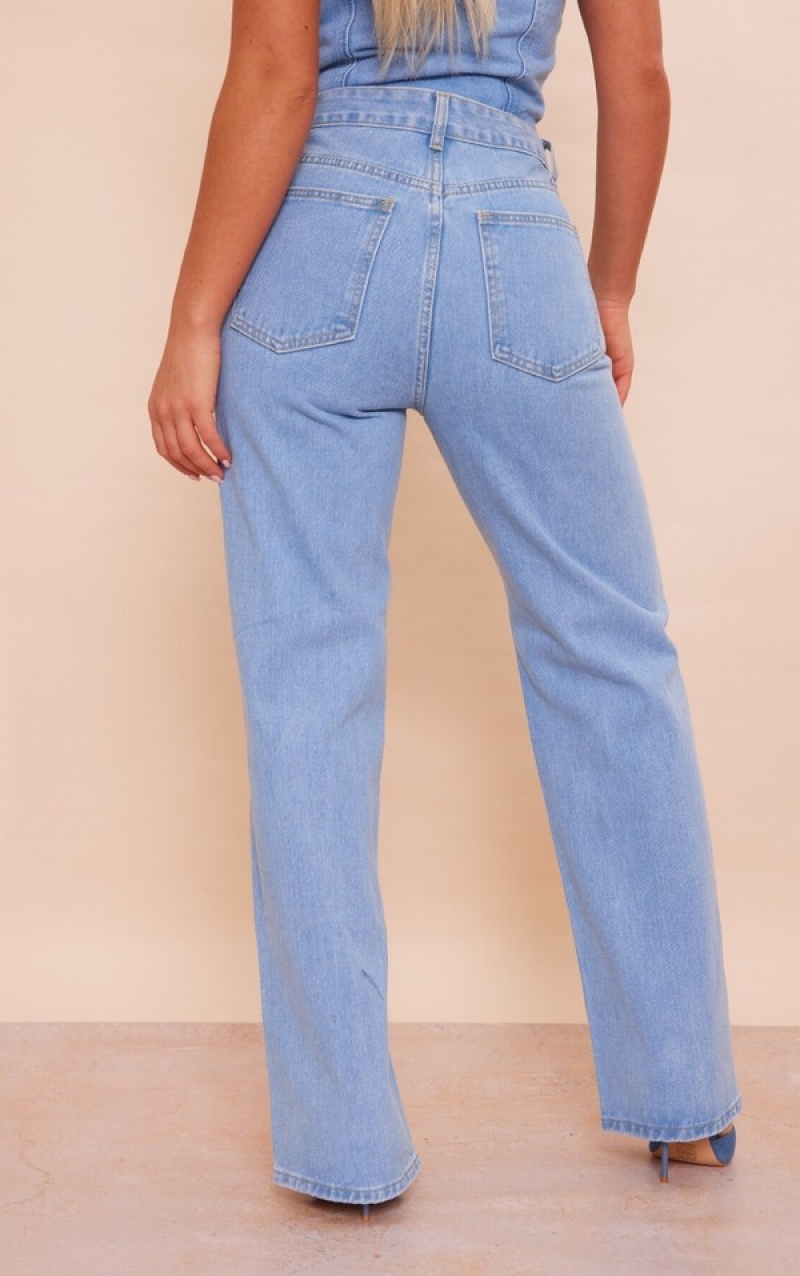 Light Blue / Wash Pretty Little Thing Wash Panelled Seam Detail Straight Leg Jeans | YXMEKQV-23