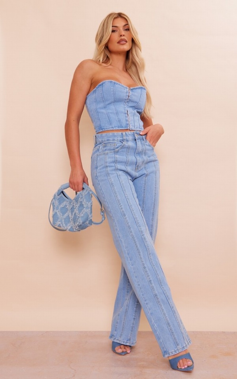 Light Blue / Wash Pretty Little Thing Wash Panelled Seam Detail Straight Leg Jeans | YXMEKQV-23