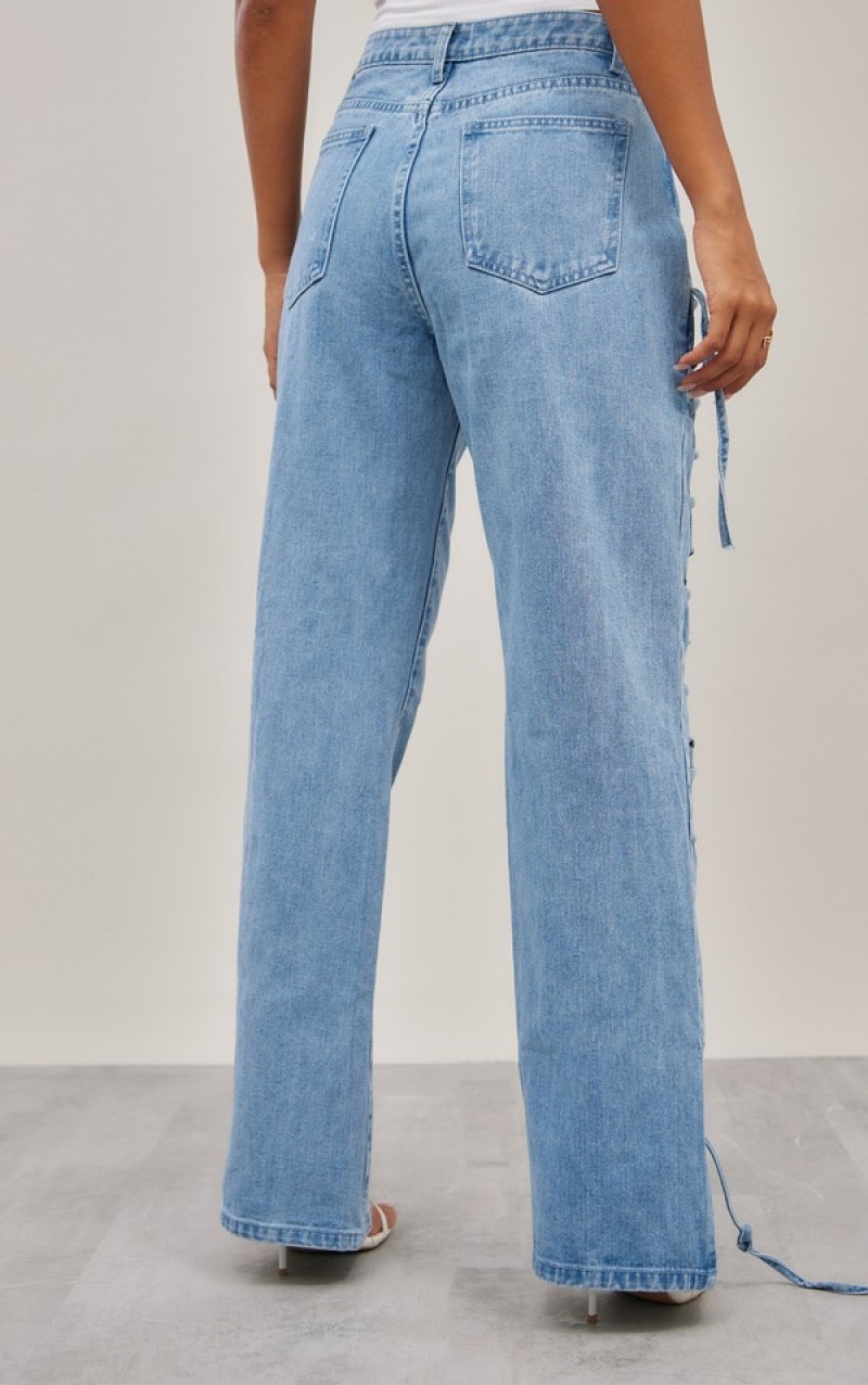 Light Blue / Wash Pretty Little Thing Wash Lace Up Side Detail Straight Leg Jeans | ERZDAIK-97