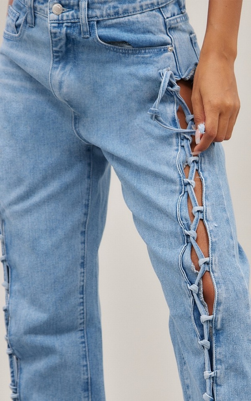 Light Blue / Wash Pretty Little Thing Wash Lace Up Side Detail Straight Leg Jeans | ERZDAIK-97