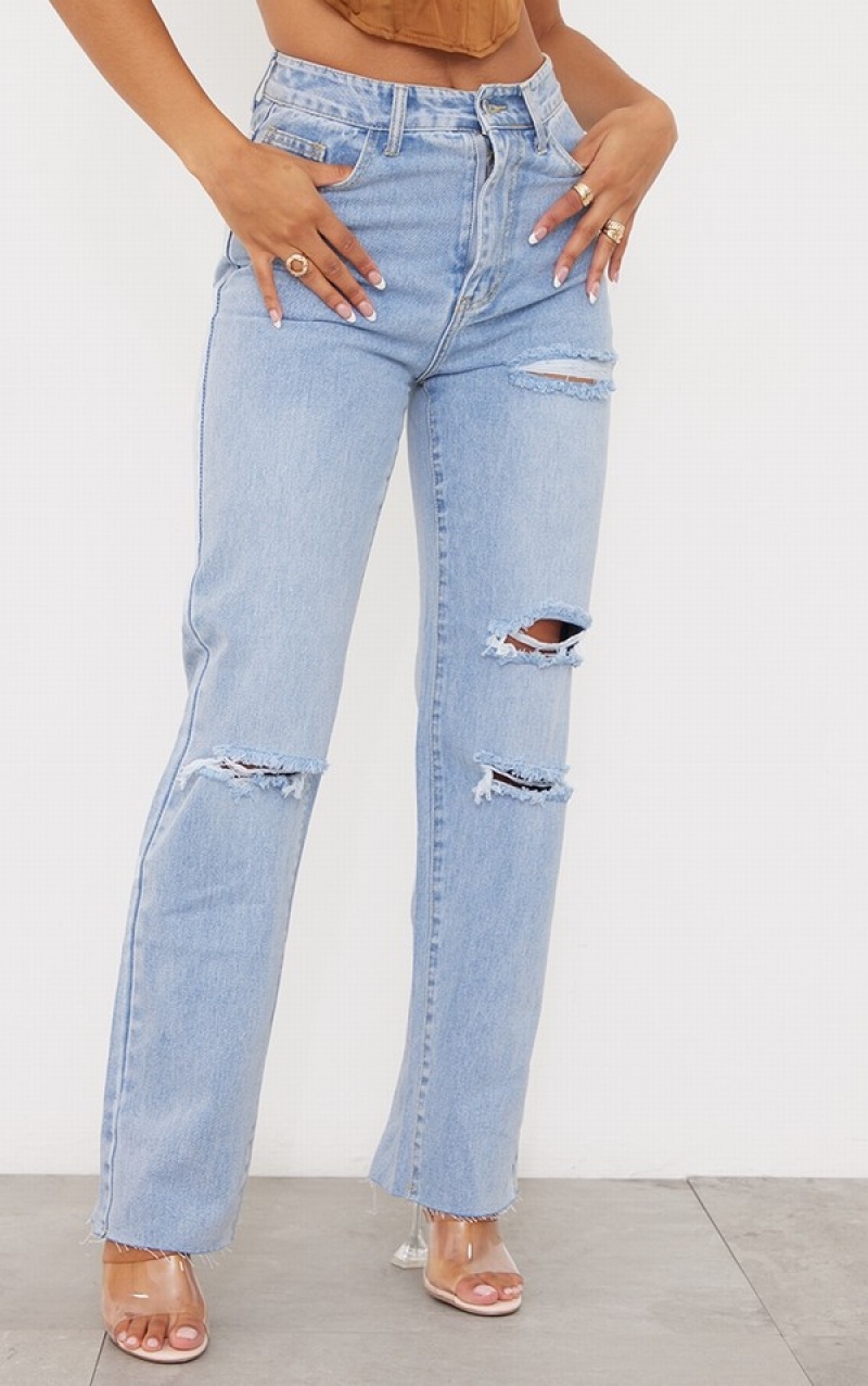 Light Blue / Wash Pretty Little Thing Wash Ripped Long Leg Straight Jeans | LQXUDAM-73