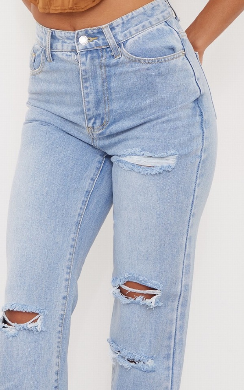 Light Blue / Wash Pretty Little Thing Wash Ripped Long Leg Straight Jeans | LQXUDAM-73