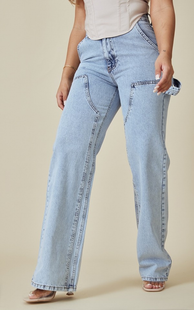 Light Blue / Wash Pretty Little Thing Wash Seam Detail Panel Straight Leg Jeans | NIWGVFB-65