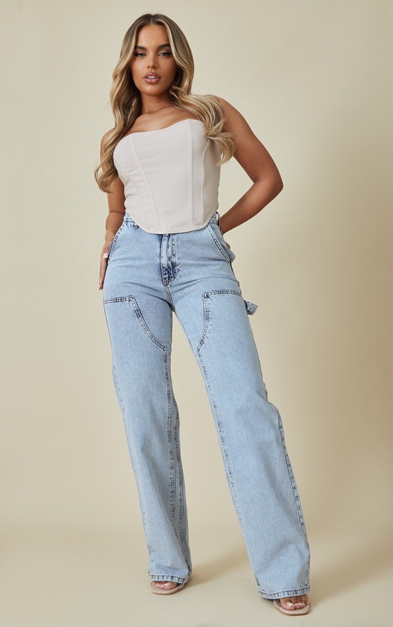 Light Blue / Wash Pretty Little Thing Wash Seam Detail Panel Straight Leg Jeans | NIWGVFB-65