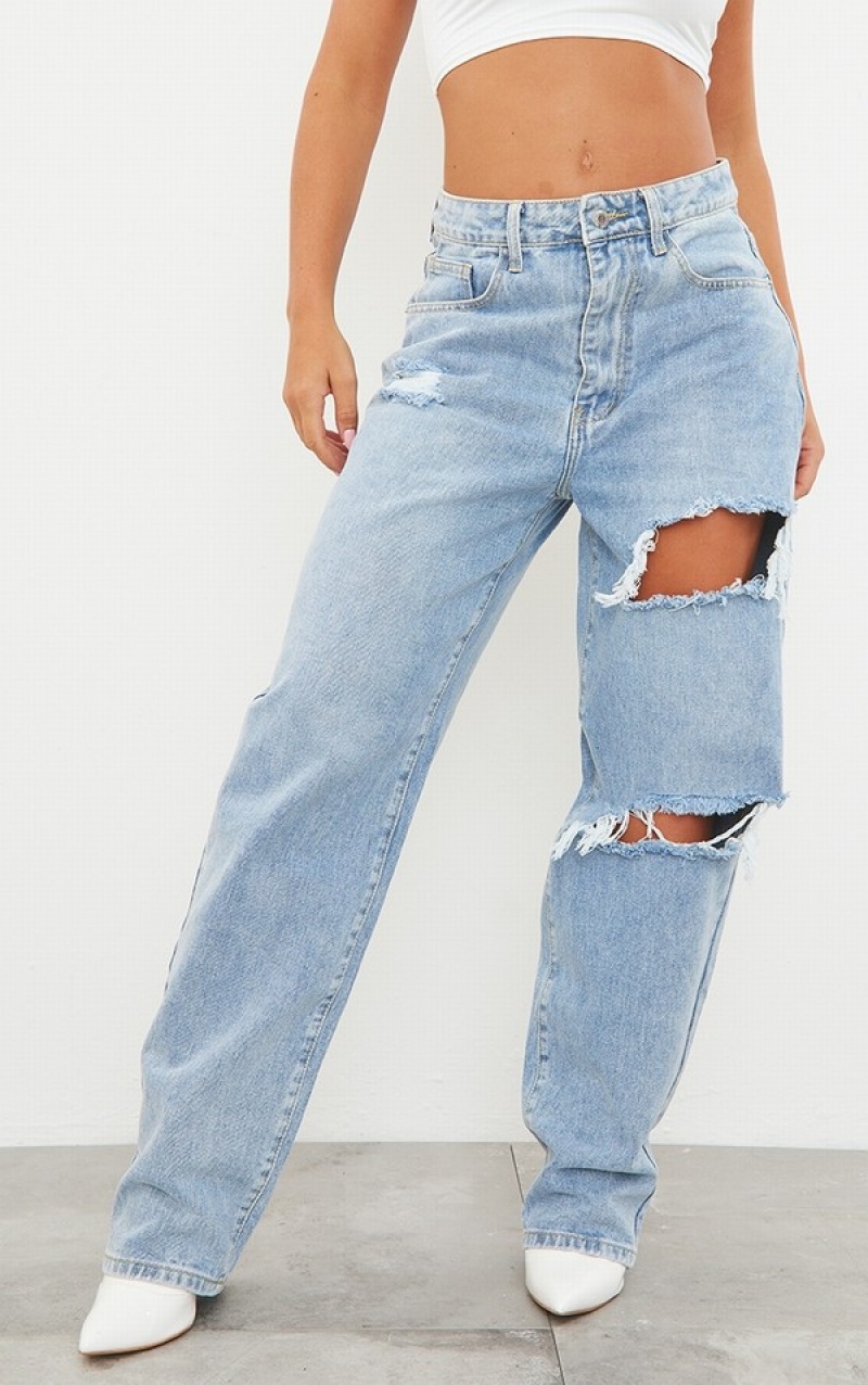 Light Blue / Wash Pretty Little Thing Wash Open Knee Boyfriend Jeans | TORLKFA-05