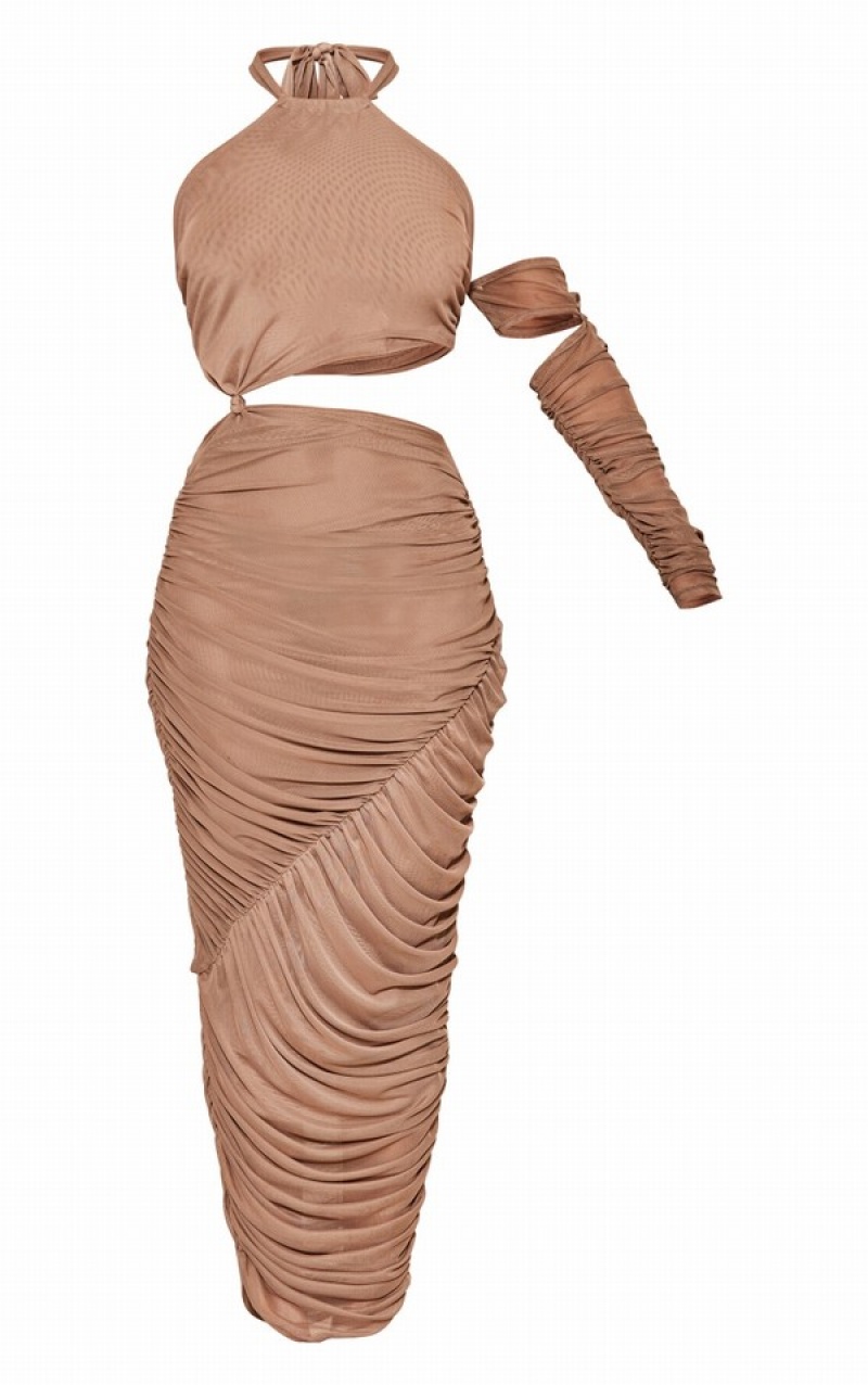 Light Brown Pretty Little Thing Mushroom Extreme Ruched Mesh Cut Out Knot Detail Midaxi Dresses | CBGEFVX-71