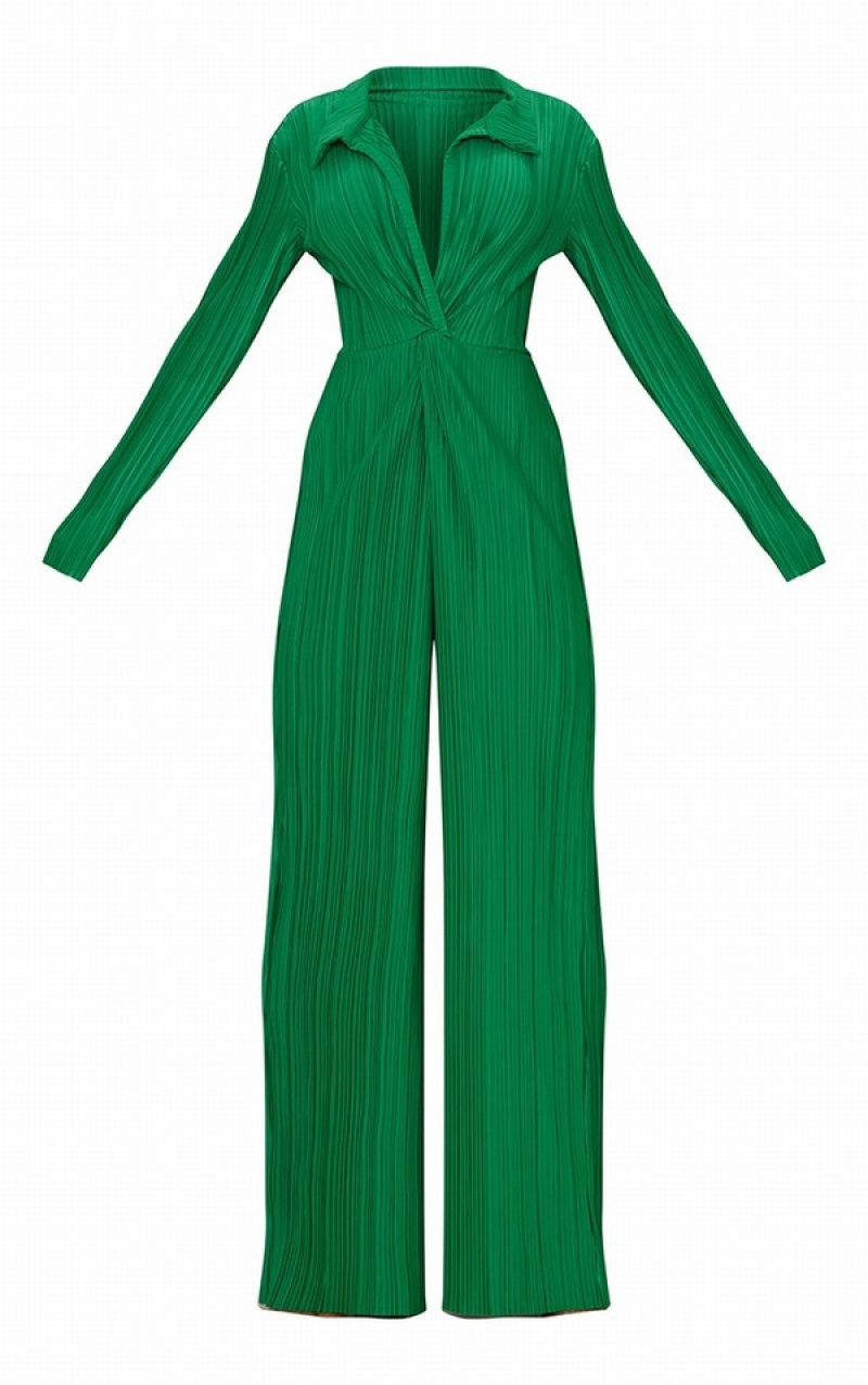 Light Green Pretty Little Thing Bright Plisse Plunge Collar Detail Jumpsuits | TXFLWYC-85