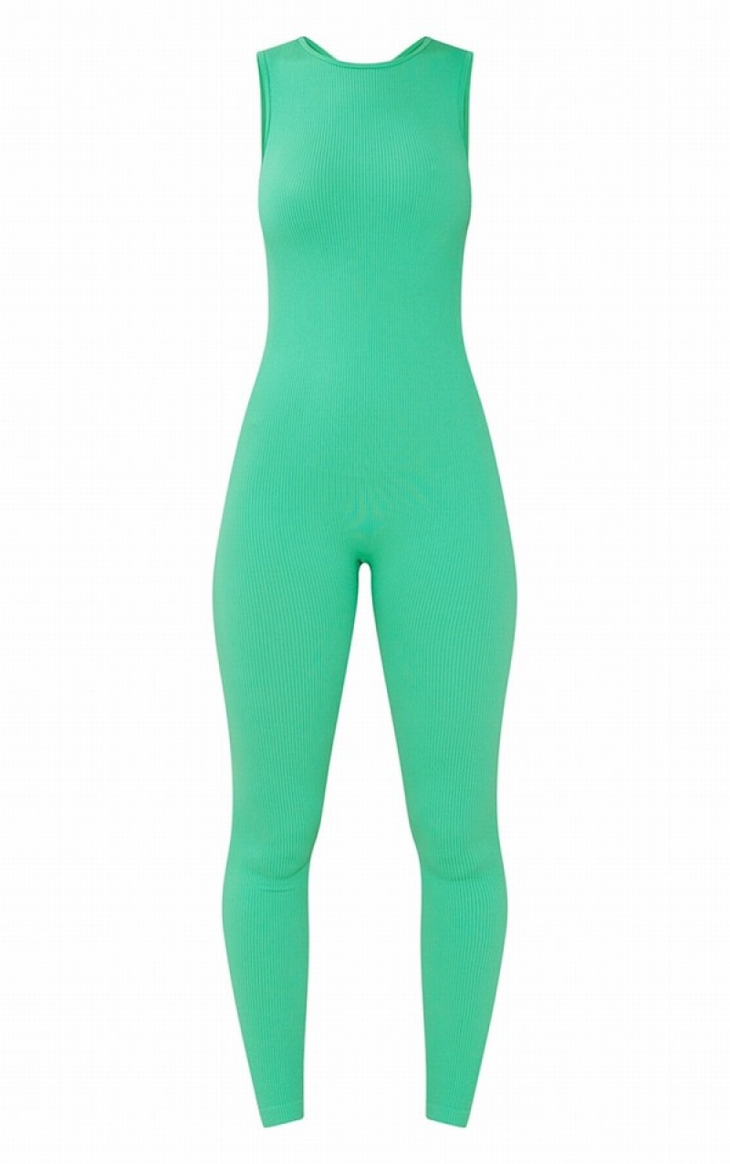 Light Green Pretty Little Thing Bright Snatched Rib Racer Neck Jumpsuits | RXZKGSQ-84