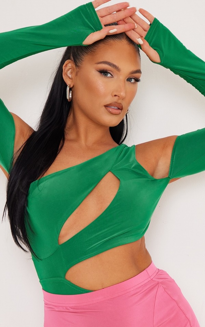 Light Green Pretty Little Thing Bright Slinky Bardot Thumb Hole Cut Out Bodysuits | GTUCKDZ-58