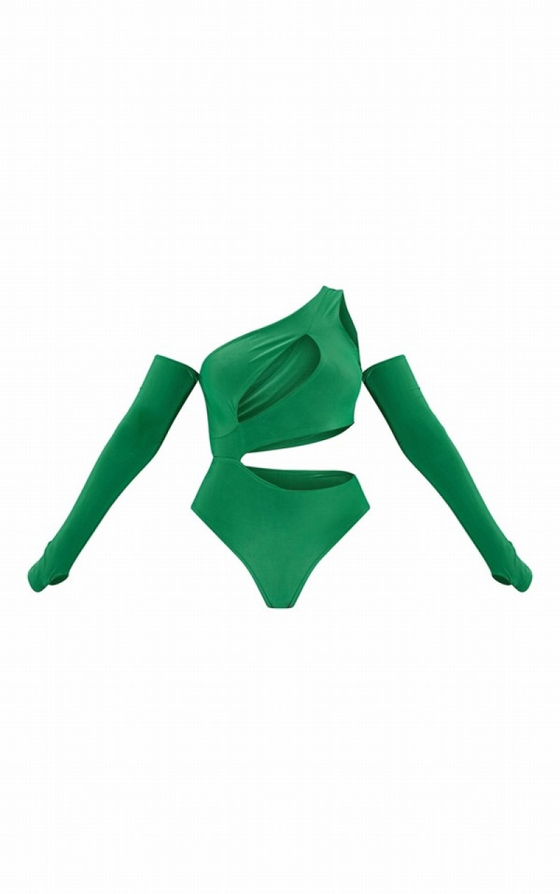 Light Green Pretty Little Thing Bright Slinky Bardot Thumb Hole Cut Out Bodysuits | GTUCKDZ-58