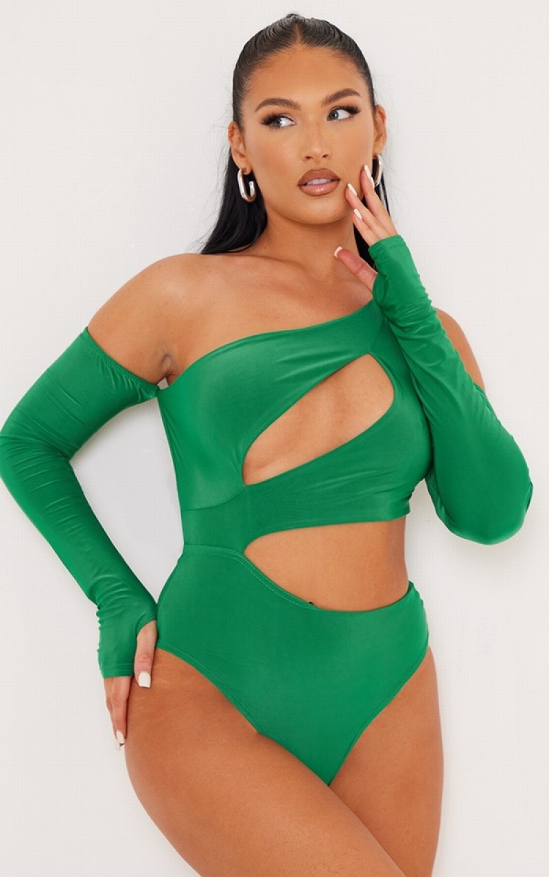 Light Green Pretty Little Thing Bright Slinky Bardot Thumb Hole Cut Out Bodysuits | GTUCKDZ-58