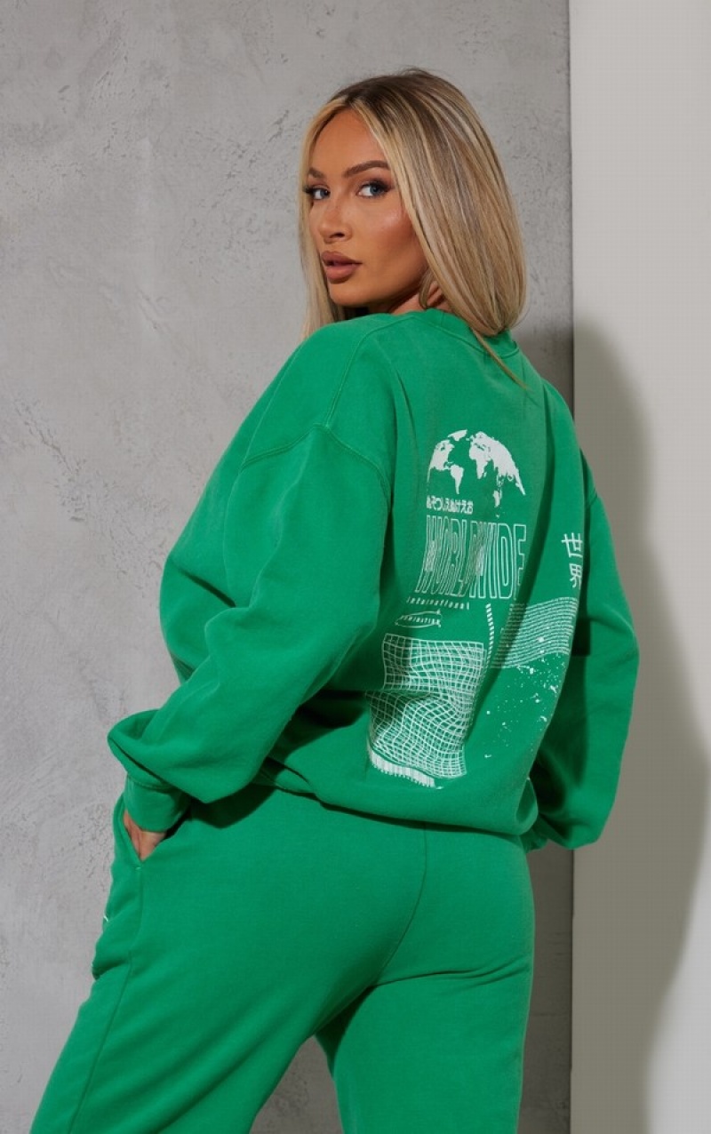 Light Green Pretty Little Thing Bright Washed Worldwide Printed Sweatshirts | ZBKJHPL-04