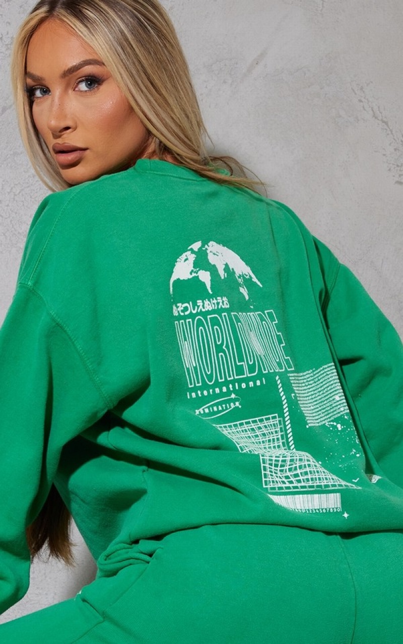 Light Green Pretty Little Thing Bright Washed Worldwide Printed Sweatshirts | ZBKJHPL-04