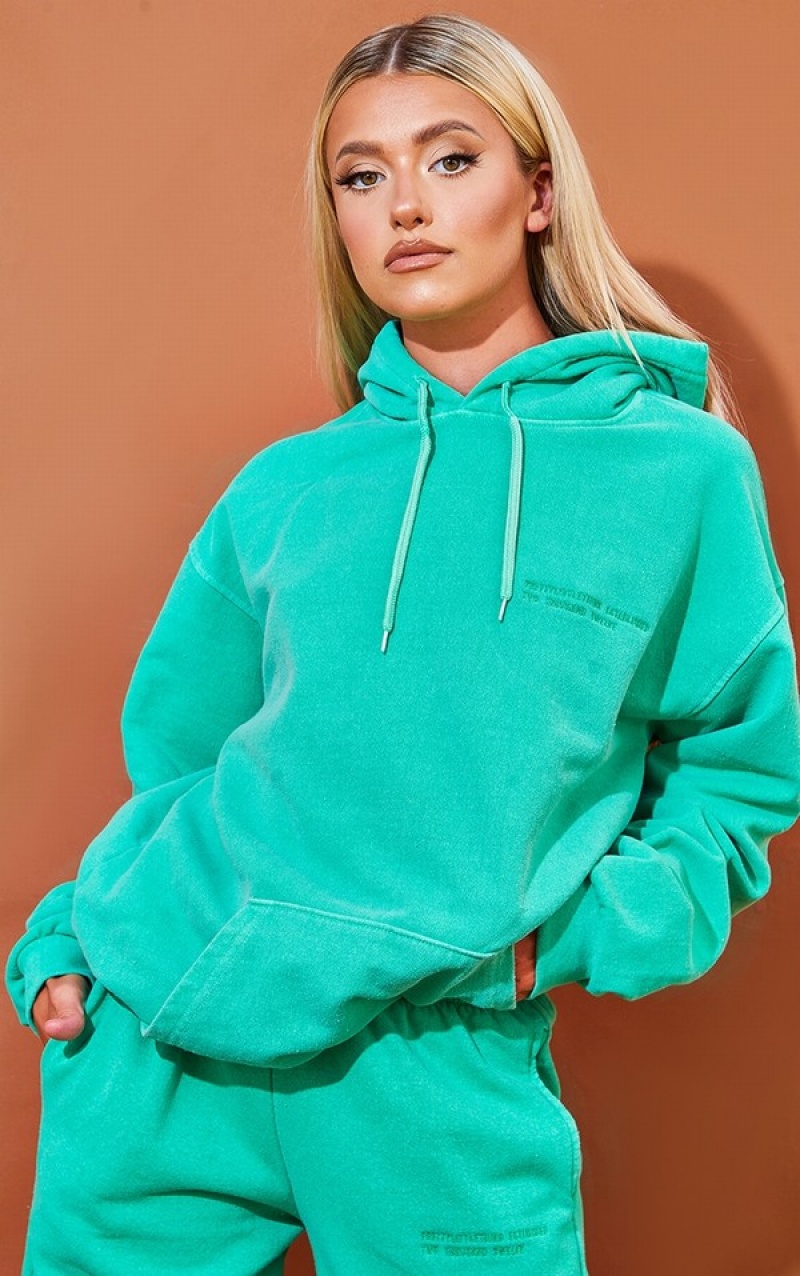 Light Green Pretty Little Thing Est 2012 Washed Hoodie | SZIOFAT-93