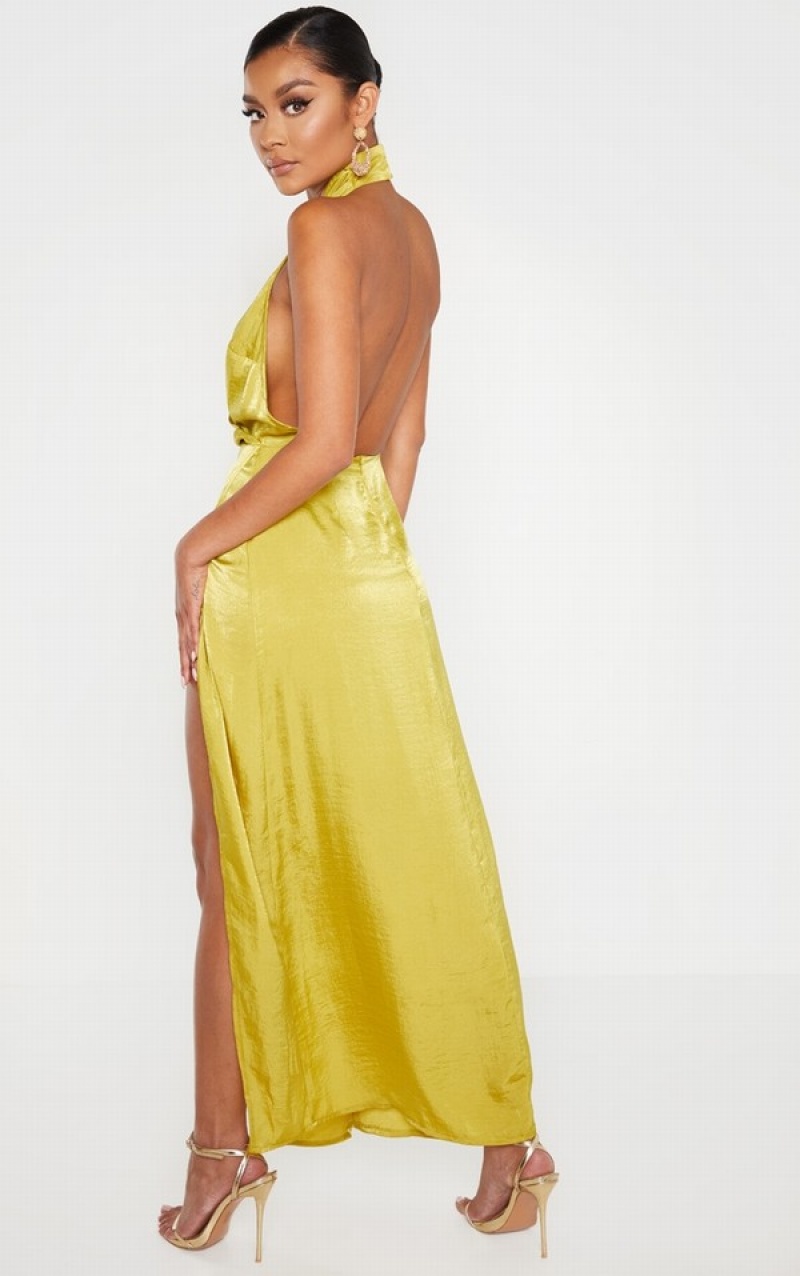 Light Green Pretty Little Thing Lime HammeSatin Halterneck Maxi Dresses | RNQZYEJ-09