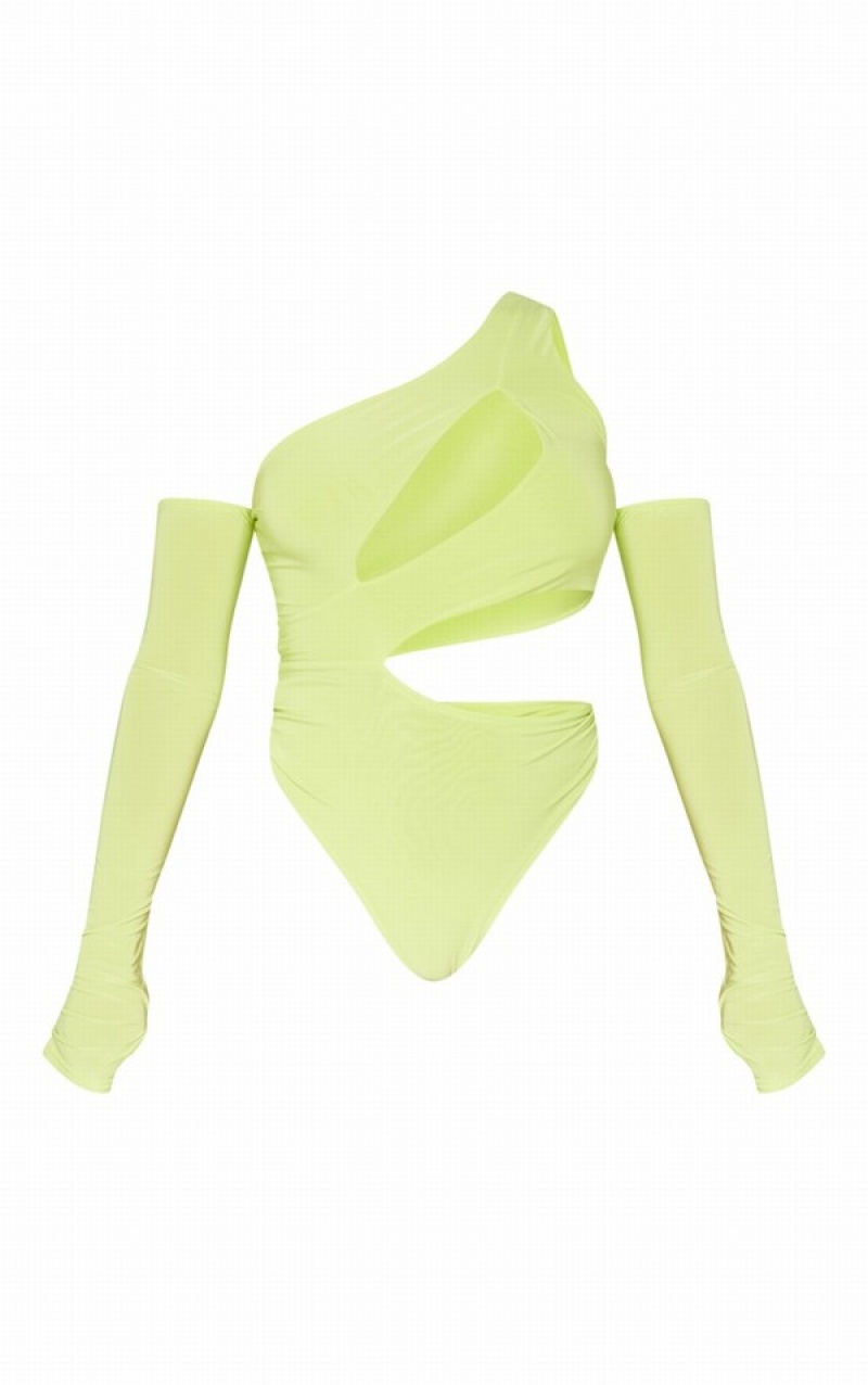 Light Green Pretty Little Thing Lime Slinky Bardot Thumb Hole Cut Out Bodysuits | MKJSVRT-64