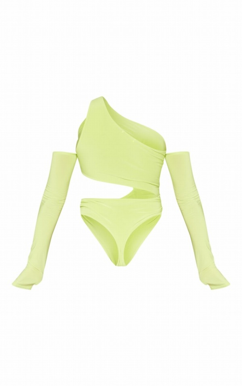 Light Green Pretty Little Thing Lime Slinky Bardot Thumb Hole Cut Out Bodysuits | MKJSVRT-64