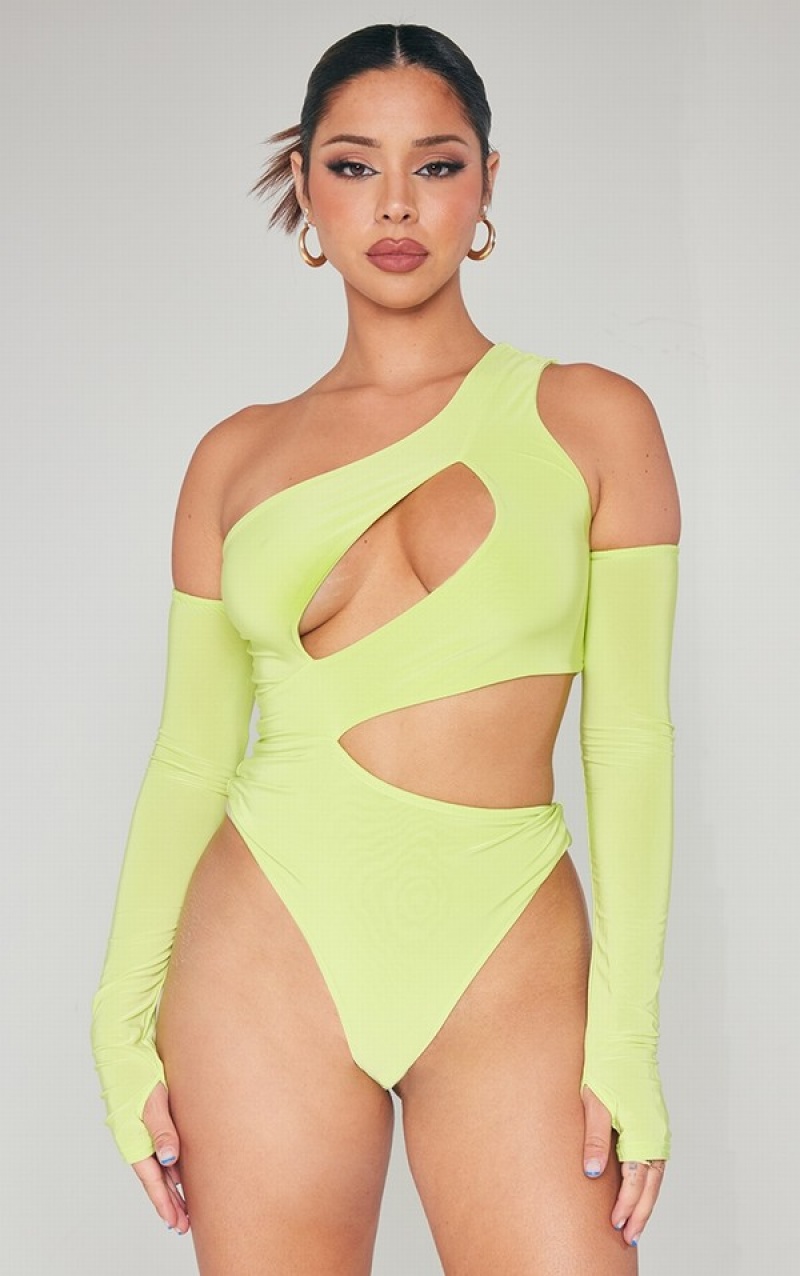 Light Green Pretty Little Thing Lime Slinky Bardot Thumb Hole Cut Out Bodysuits | MKJSVRT-64