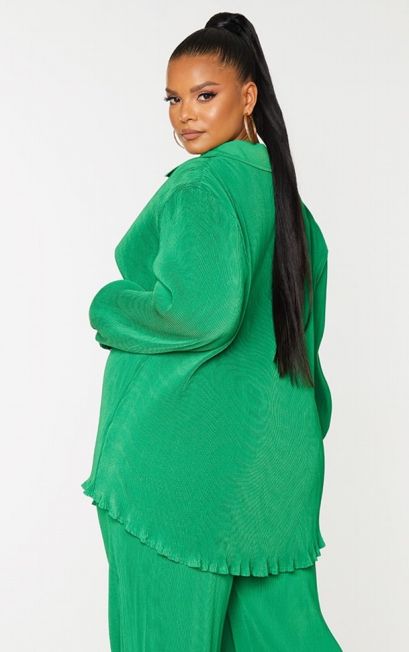 Light Green Pretty Little Thing Plus Bright Plisse Button Front Oversized Shirts | HYQONRL-71