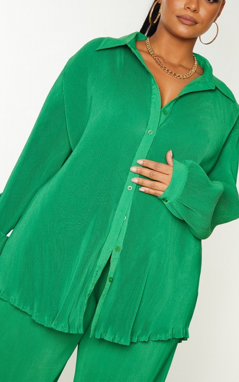 Light Green Pretty Little Thing Plus Bright Plisse Button Front Oversized Shirts | HYQONRL-71