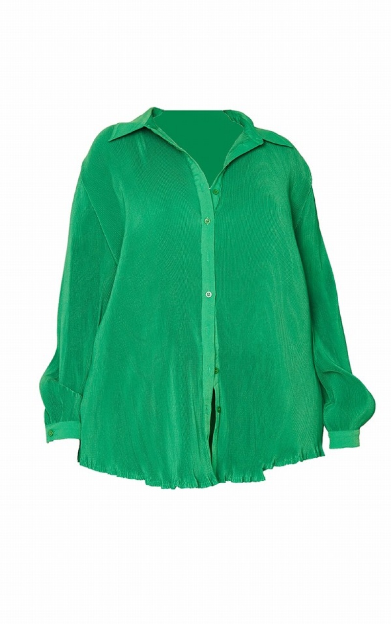 Light Green Pretty Little Thing Plus Bright Plisse Button Front Oversized Shirts | HYQONRL-71