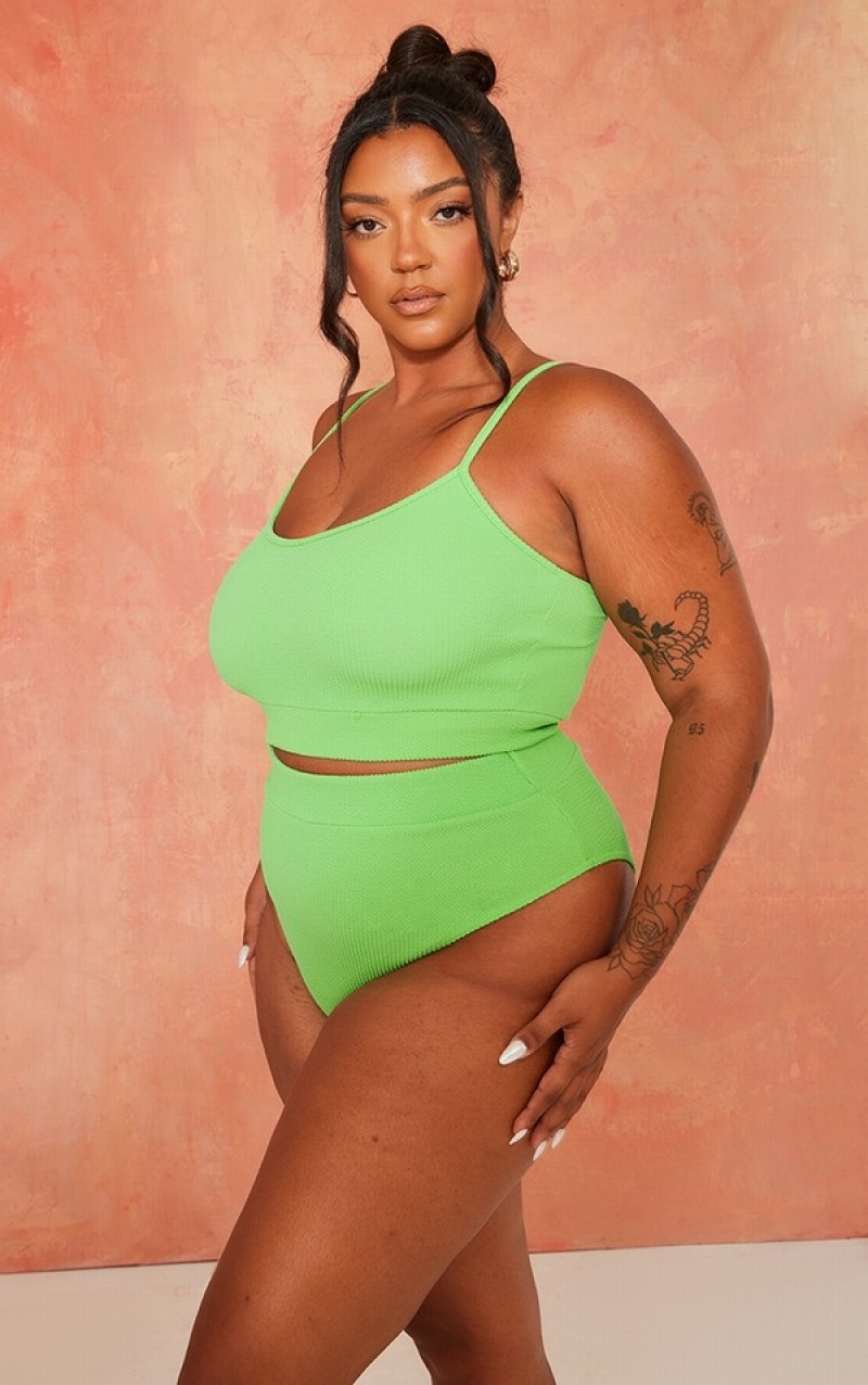 Light Green Pretty Little Thing Plus Bright Crinkle High Waisted Bikini Bottoms | MHEGWZF-41