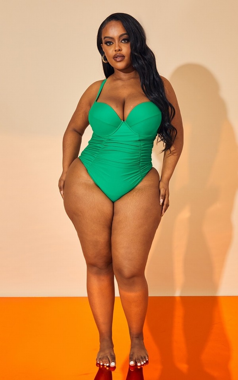 Light Green Pretty Little Thing Plus Bright Ruched Cupped Swimsuits | ADUIKOY-85