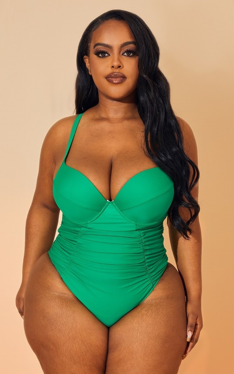 Light Green Pretty Little Thing Plus Bright Ruched Cupped Swimsuits | ADUIKOY-85