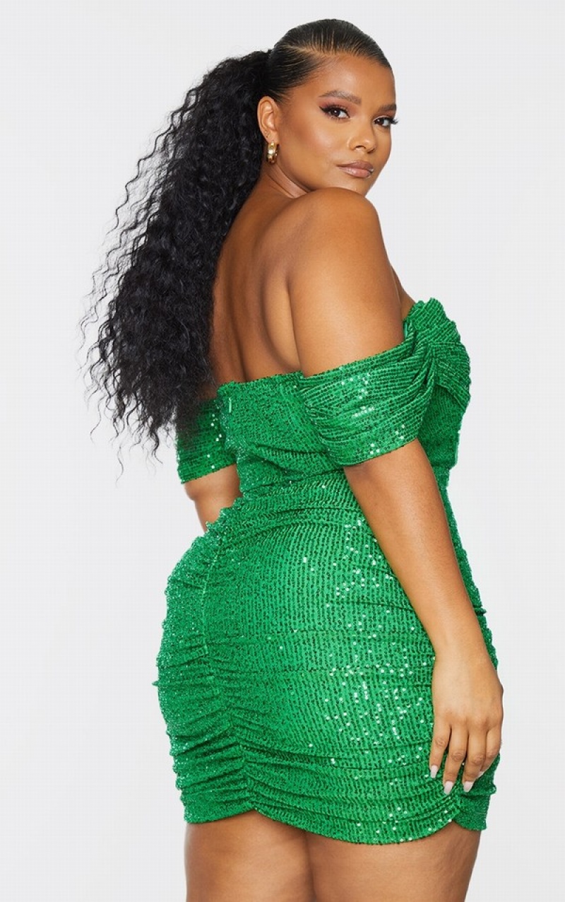 Light Green Pretty Little Thing Plus Bright Sequin Bardot Bodycon Dresses | CDETVLI-85