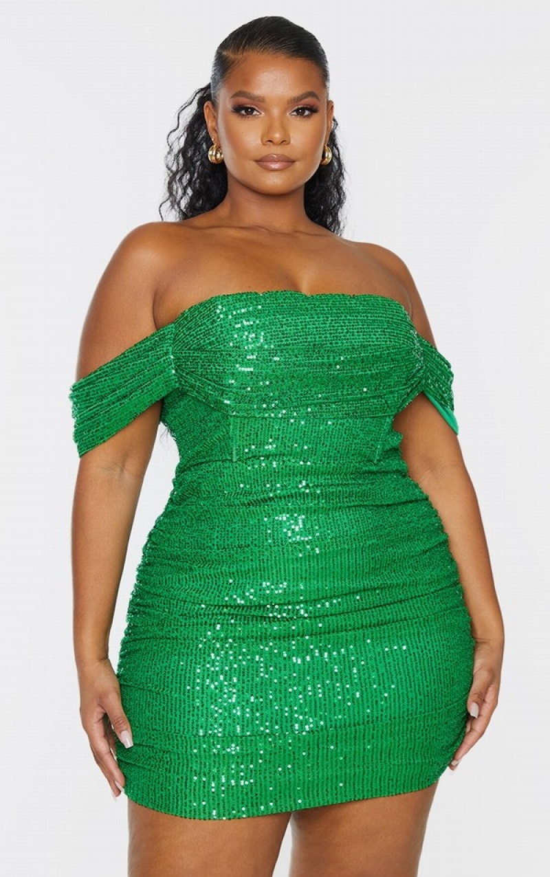 Light Green Pretty Little Thing Plus Bright Sequin Bardot Bodycon Dresses | CDETVLI-85