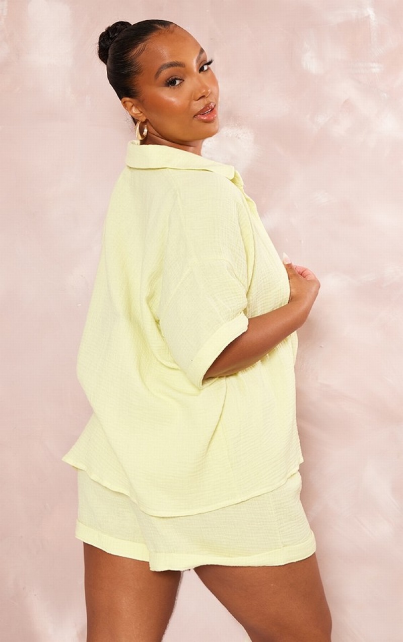 Light Green Pretty Little Thing Plus Lime TextuLinen Look Sleeve Shirts | EJKDSZU-15