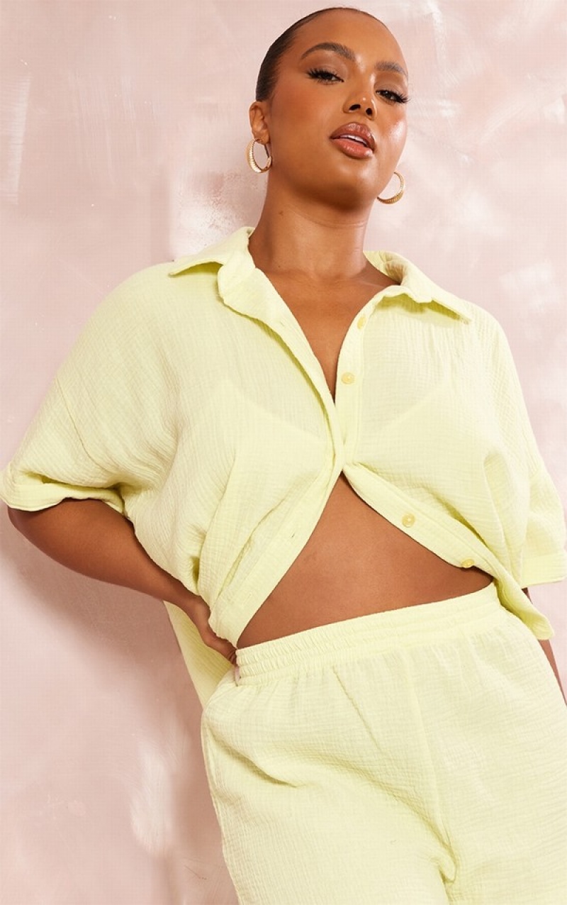 Light Green Pretty Little Thing Plus Lime TextuLinen Look Sleeve Shirts | EJKDSZU-15