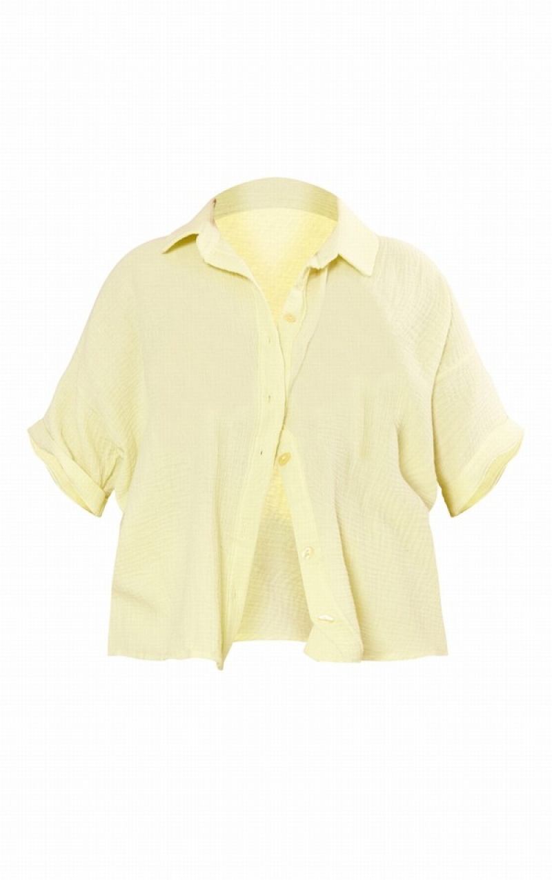 Light Green Pretty Little Thing Plus Lime TextuLinen Look Sleeve Shirts | EJKDSZU-15