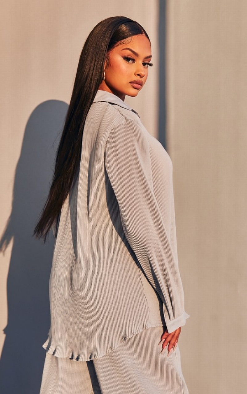 Light Grey Pretty Little Thing Plisse Button Front Oversized Shirts | QYWKDRB-39