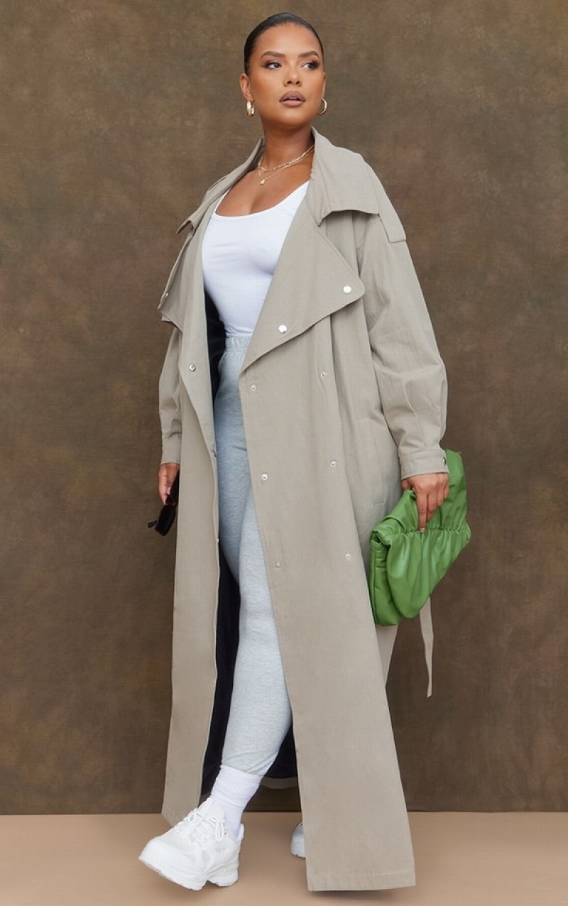 Light Khaki Pretty Little Thing Plus Popper Detail Trench Coats | PTSWYHF-10