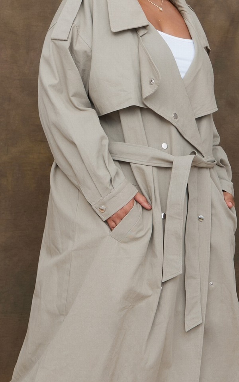 Light Khaki Pretty Little Thing Plus Popper Detail Trench Coats | PTSWYHF-10