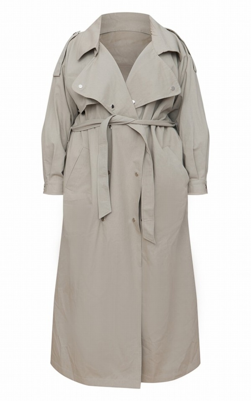 Light Khaki Pretty Little Thing Plus Popper Detail Trench Coats | PTSWYHF-10