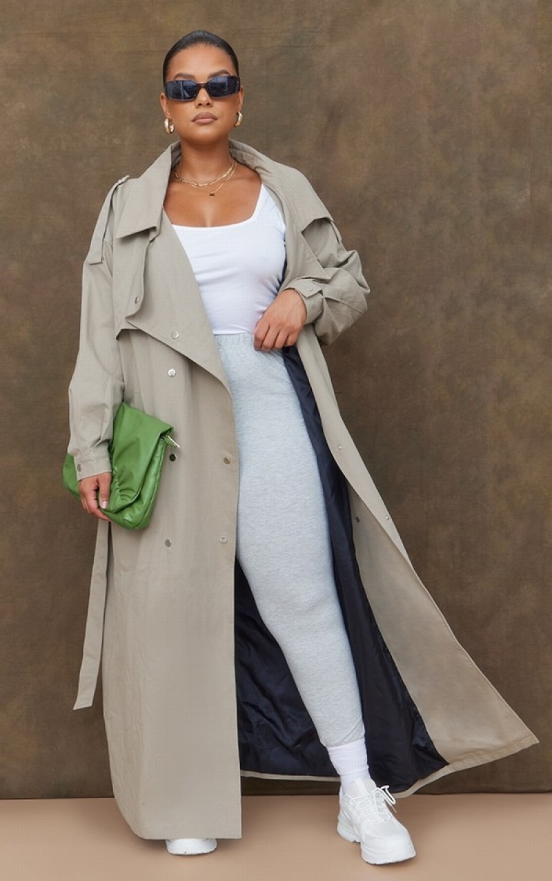 Light Khaki Pretty Little Thing Plus Popper Detail Trench Coats | PTSWYHF-10