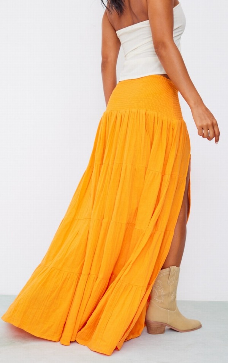 Light Orange Pretty Little Thing Bright Cheesecloth ShirWaist TierMaxi Skirts | EUWDZYO-35