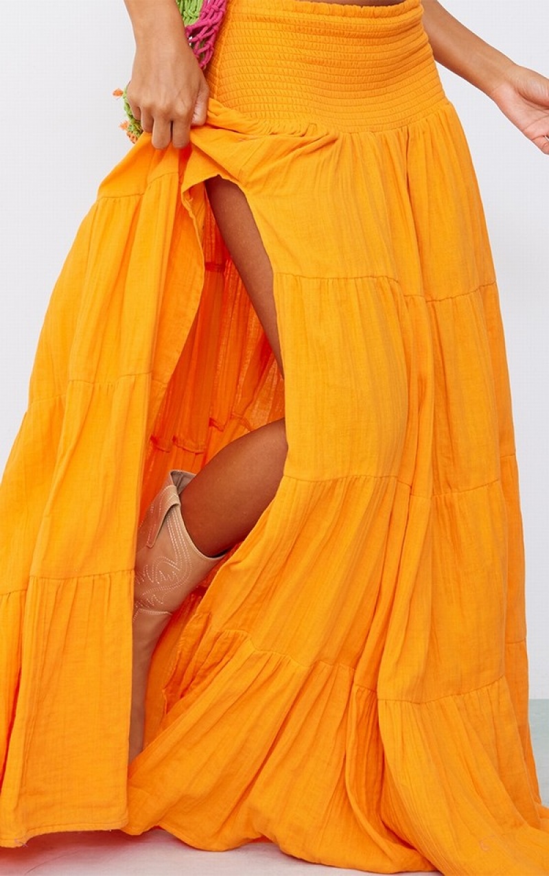 Light Orange Pretty Little Thing Bright Cheesecloth ShirWaist TierMaxi Skirts | EUWDZYO-35