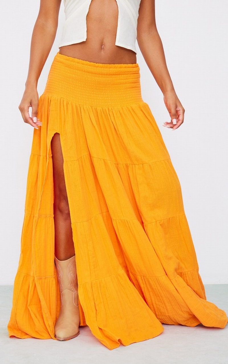 Light Orange Pretty Little Thing Bright Cheesecloth ShirWaist TierMaxi Skirts | EUWDZYO-35