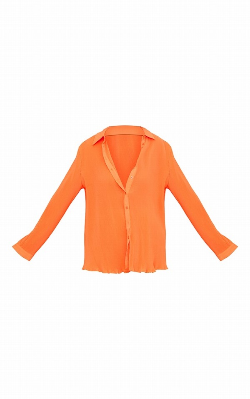 Light Orange Pretty Little Thing Bright Plisse Button Front Oversized Shirts | RNWTXDM-31