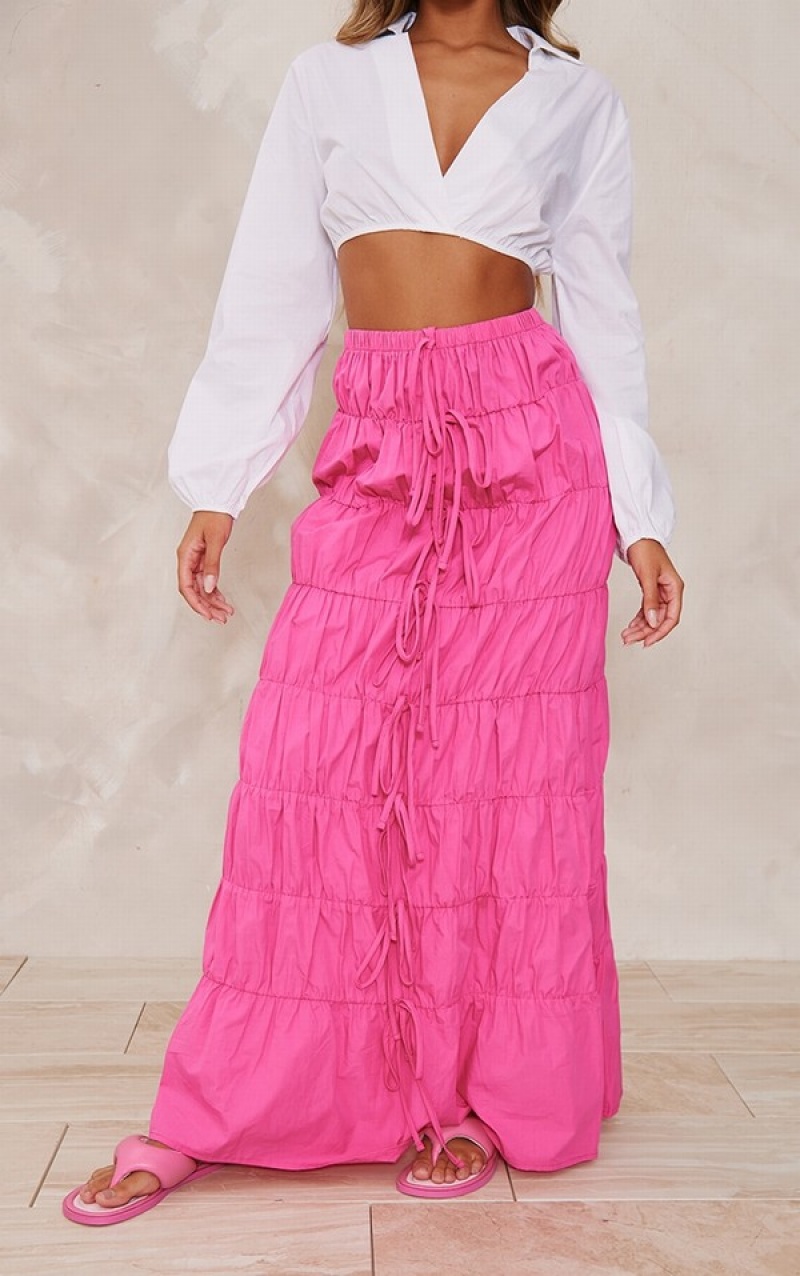 Light Pink Pretty Little Thing Bright Cotton Tie Front Extreme Ruched Maxi Skirts | CSZLYUR-84