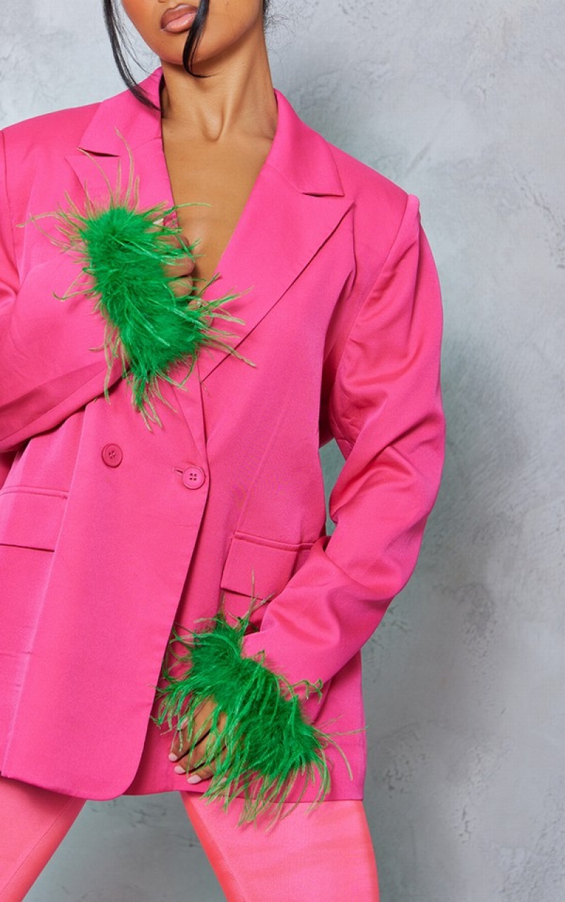 Light Pink Pretty Little Thing Bright Contrast Feather Cuff Detail Oversized Blazers | XWUSRMP-95