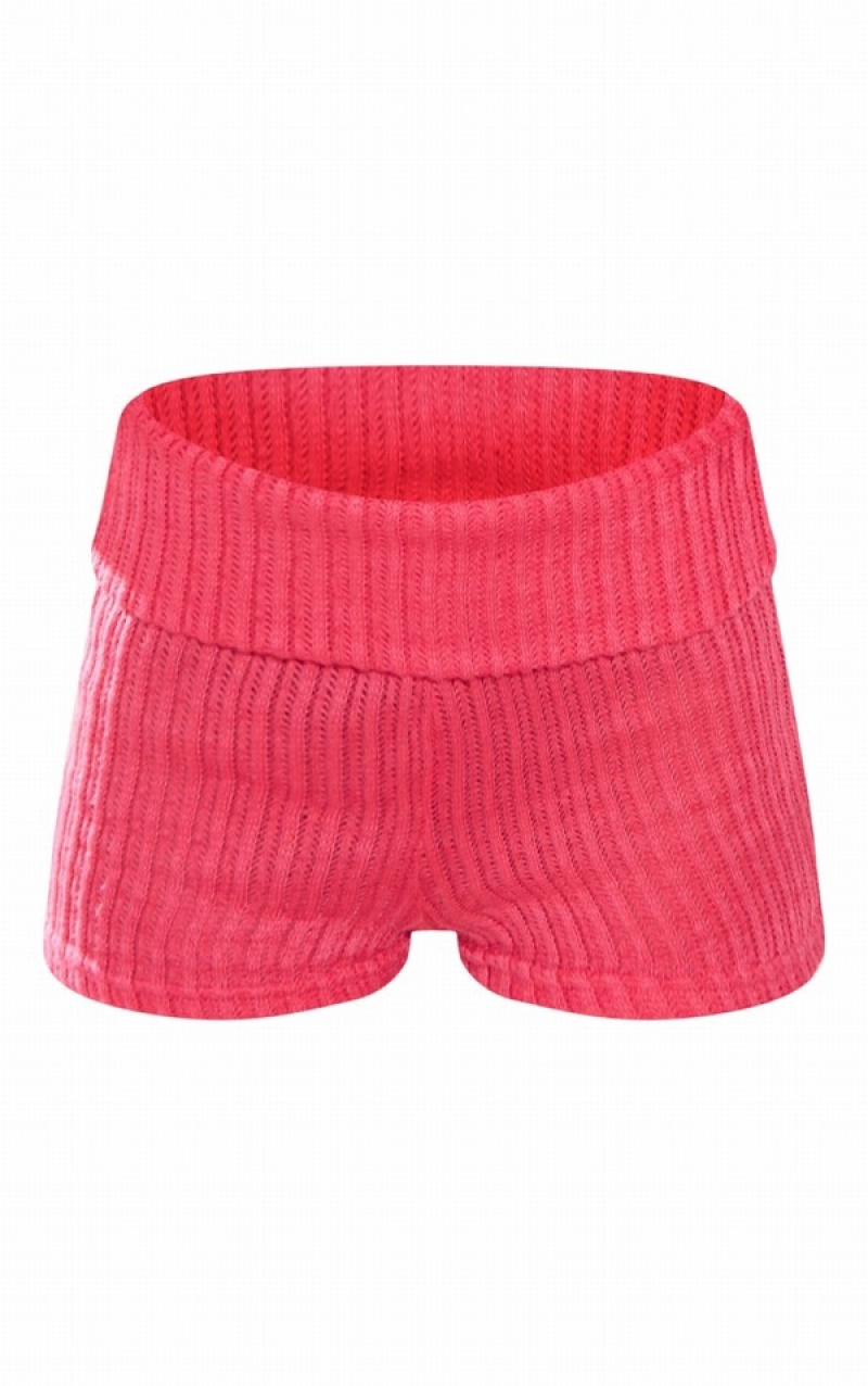 Light Pink Pretty Little Thing Bright TextuRib Fold Over Waist Hot Shorts | LZIYSWA-75