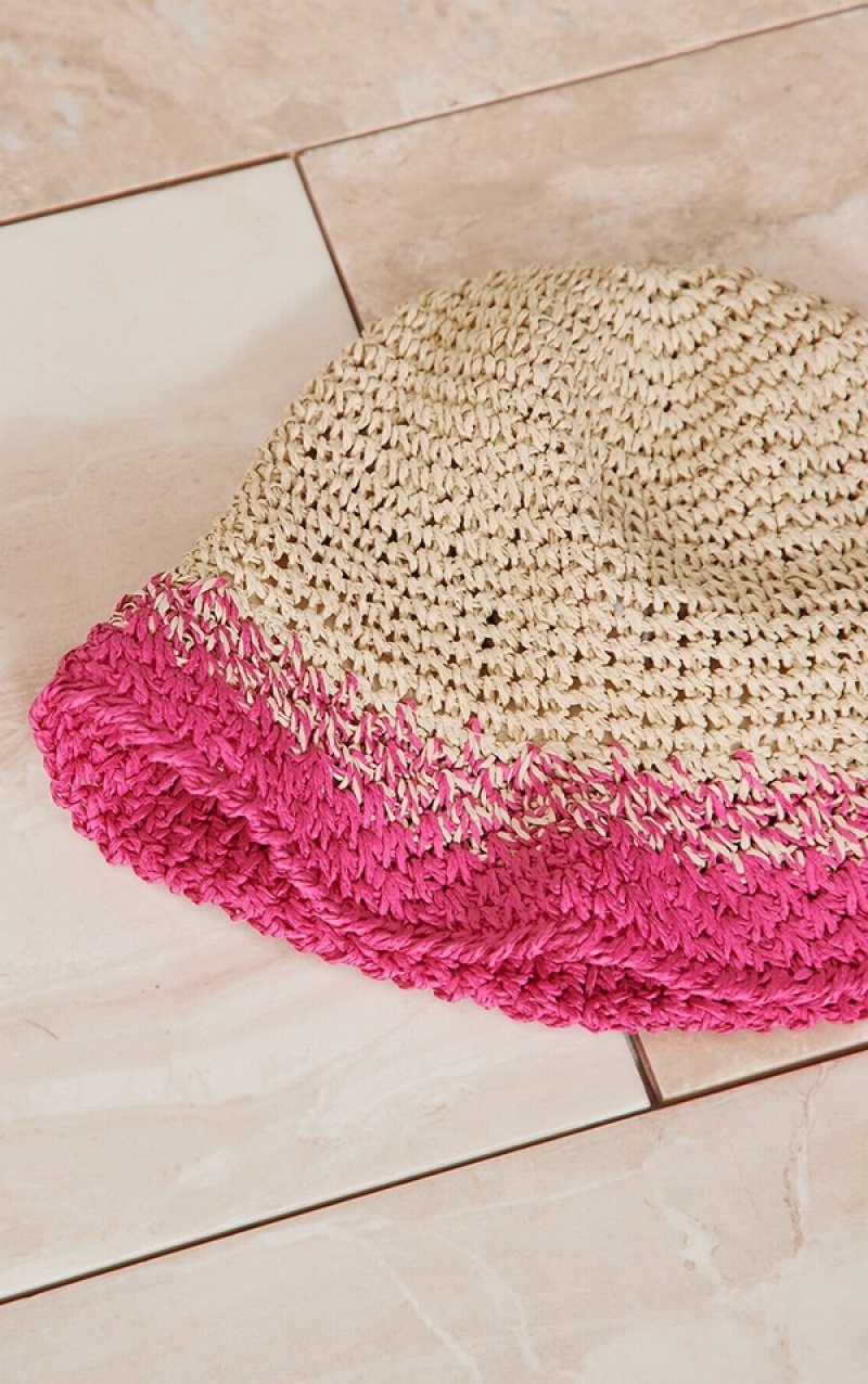 Light Pink Pretty Little Thing Bright Trim Raffia Bucket Hats | HOEVTQR-62